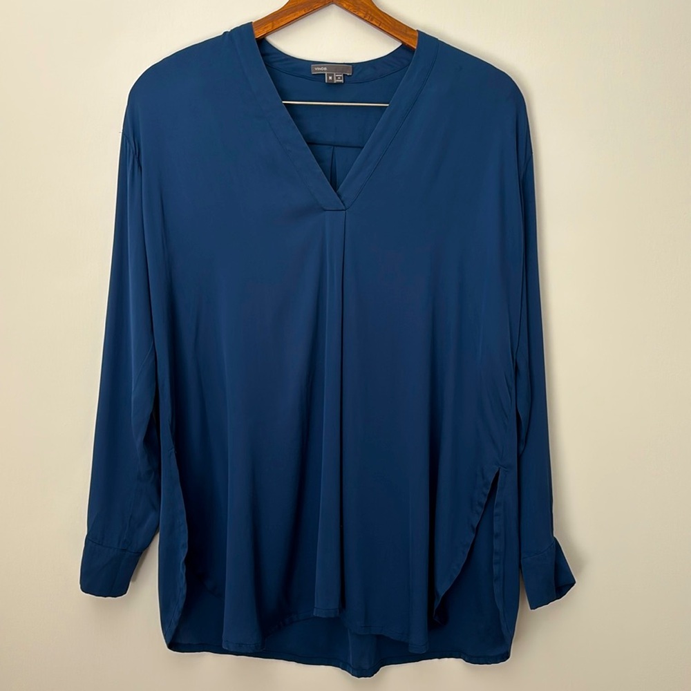 Vince Blue Silk Long Sleeved V Neck Shirt
